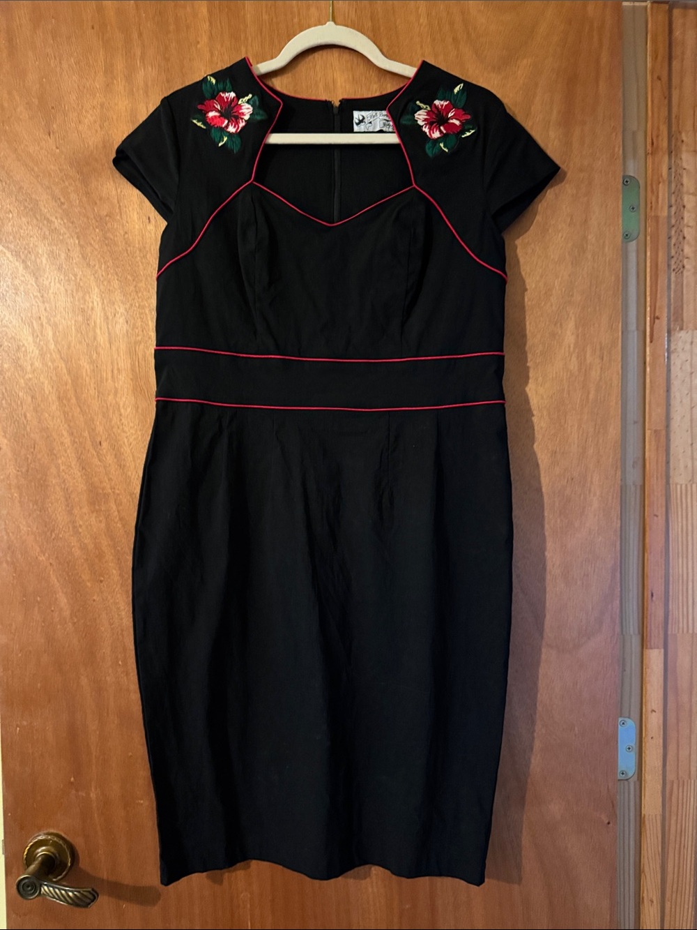 Hell Bunny Black Midi Sheath Dress with Red Floral Embroidery